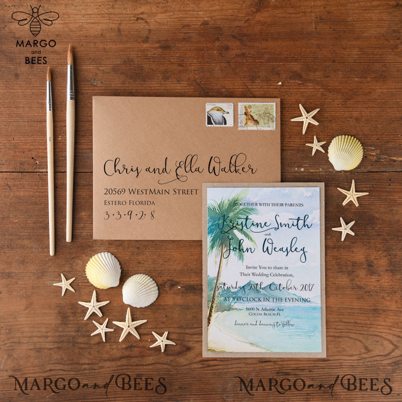Tropical beach Wedding Invitations, Starfish Watercolor Seaside Wedding Invites, Mexico Wedding Cards -3
