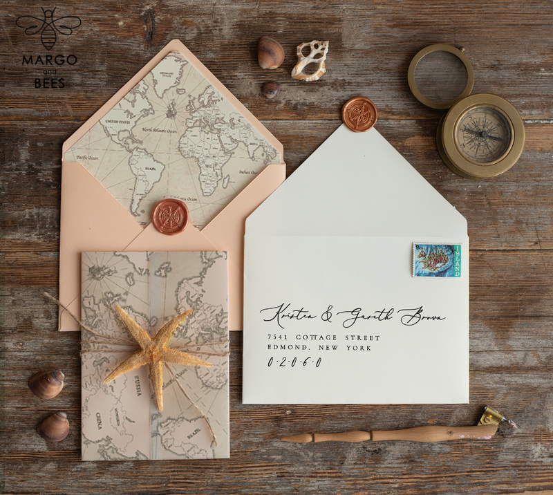 Beach Peach  Wedding invitations Vellum wrapping Wedding Invites with Old Map Starfish wedding Cards -4