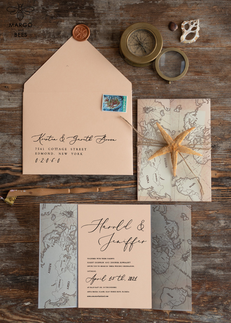 Beach Peach  Wedding invitations Vellum wrapping Wedding Invites with Old Map Starfish wedding Cards -6