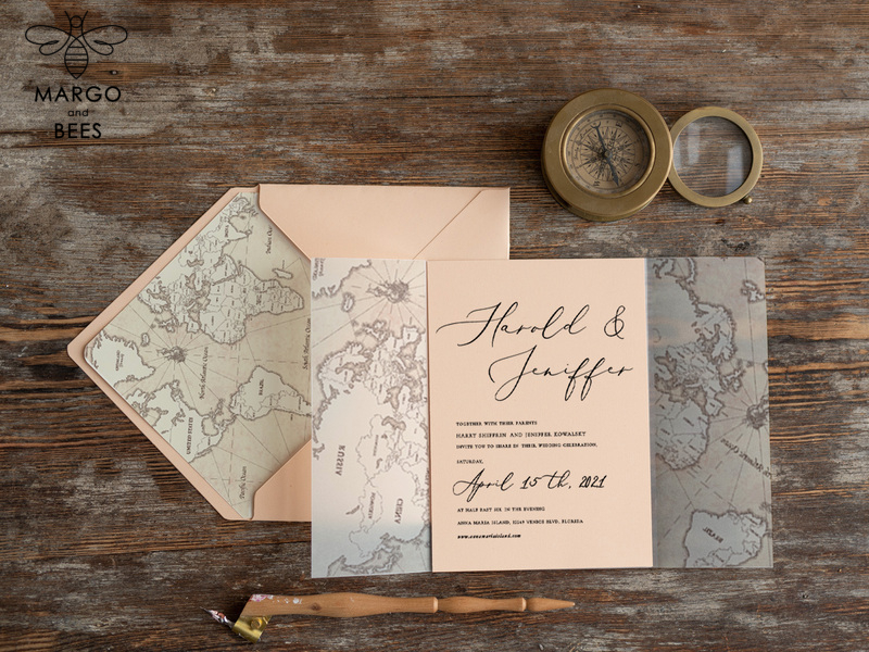 Beach Peach  Wedding invitations Vellum wrapping Wedding Invites with Old Map Starfish wedding Cards -7