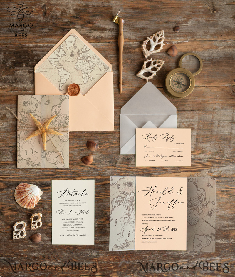 Beach Peach  Wedding invitations Vellum wrapping Wedding Invites with Old Map Starfish wedding Cards -1