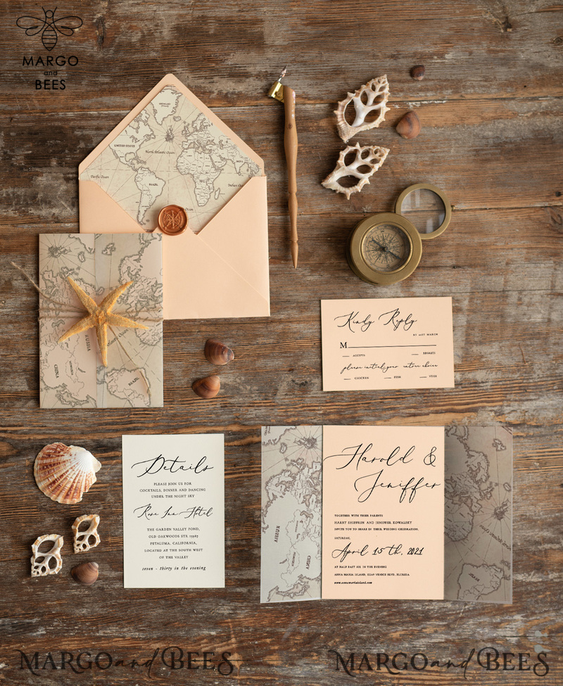 Beach Peach  Wedding invitations Vellum wrapping Wedding Invites with Old Map Starfish wedding Cards -2