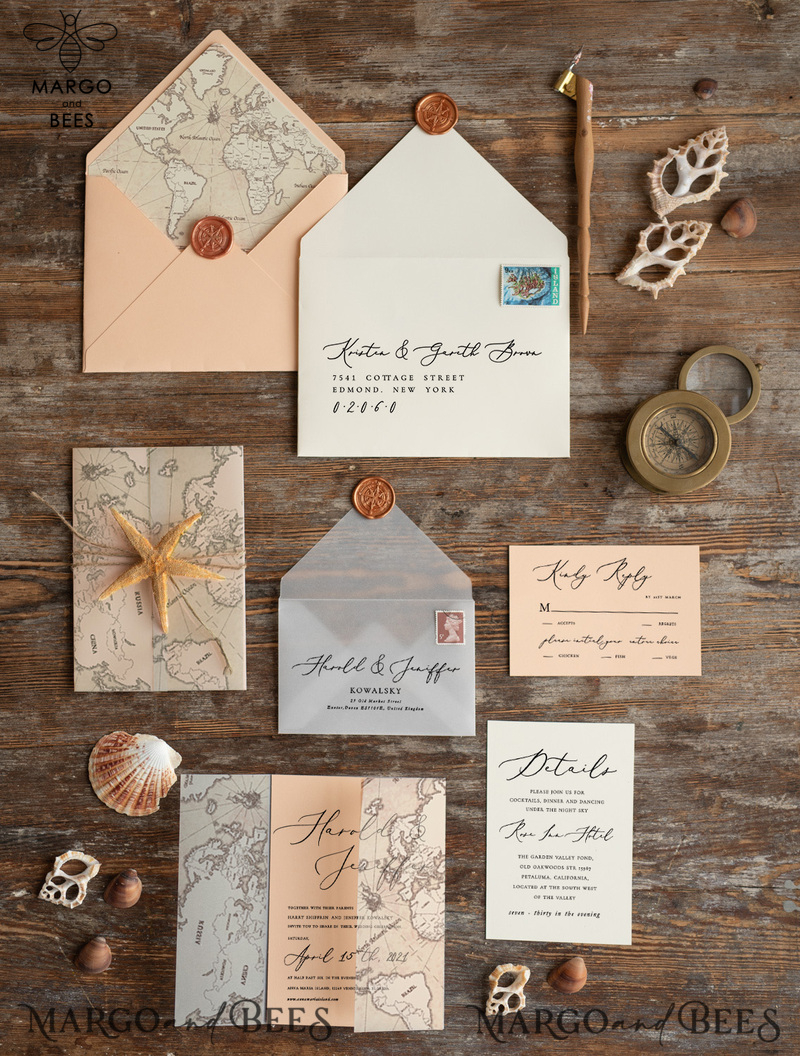 Beach Peach  Wedding invitations Vellum wrapping Wedding Invites with Old Map Starfish wedding Cards -3