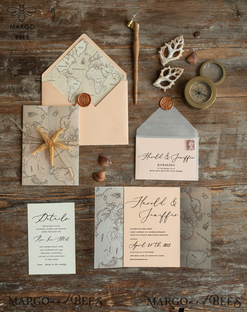 Beach Peach  Wedding invitations Vellum wrapping Wedding Invites with Old Map Starfish wedding Cards -0