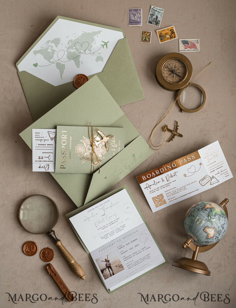 Golden and green travel passport overseas wedding invitations, traveler wedding invitations-1