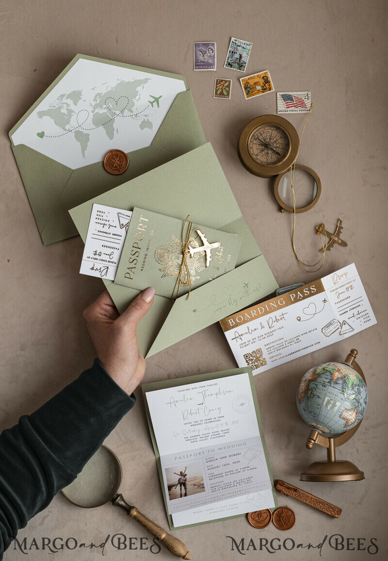 Golden and green travel passport overseas wedding invitations, traveler wedding invitations-2