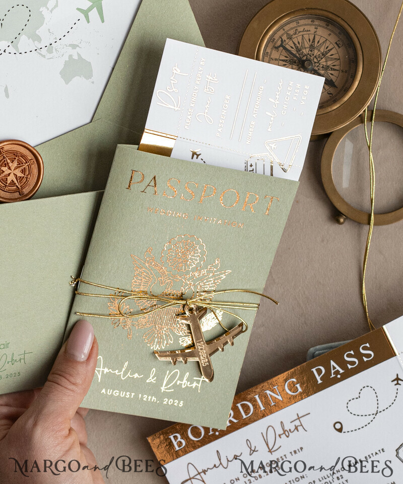 Golden and green travel passport overseas wedding invitations, traveler wedding invitations-11