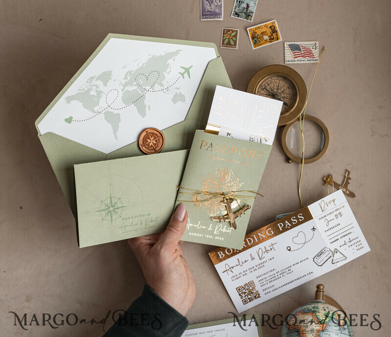 Golden and green travel passport overseas wedding invitations, traveler wedding invitations-3