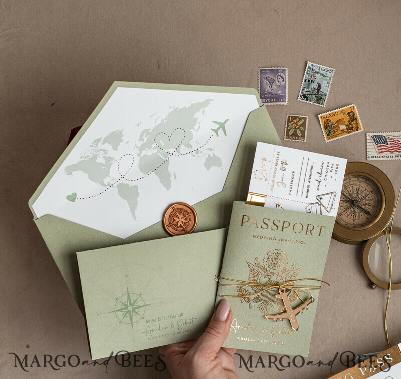 Golden and green travel passport overseas wedding invitations, traveler wedding invitations-0