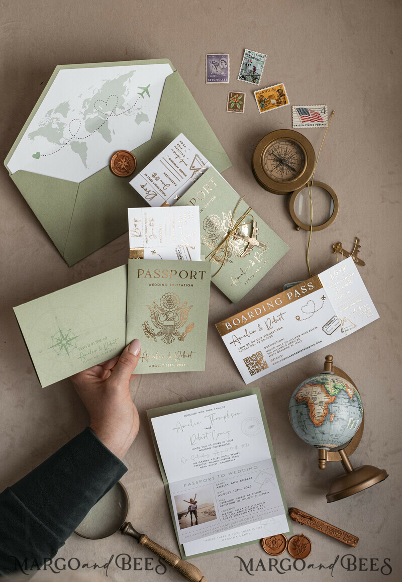 Golden and green travel passport overseas wedding invitations, traveler wedding invitations-4