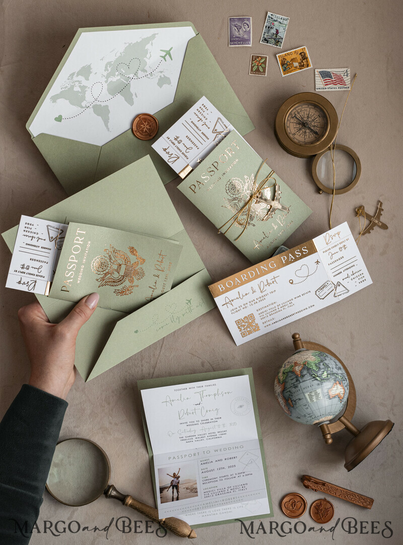 Golden and green travel passport overseas wedding invitations, traveler wedding invitations-5