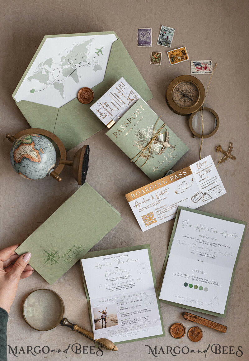 Golden and green travel passport overseas wedding invitations, traveler wedding invitations-6