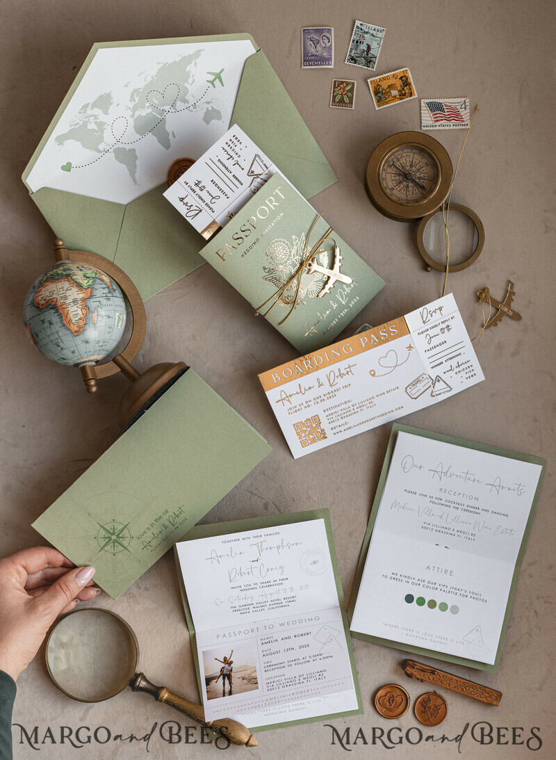 Golden and green travel passport overseas wedding invitations, traveler wedding invitations-7