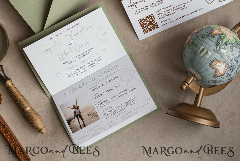 Golden and green travel passport overseas wedding invitations, traveler wedding invitations-8