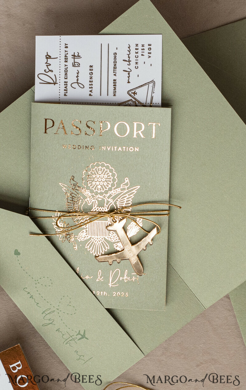 Golden and green travel passport overseas wedding invitations, traveler wedding invitations-9