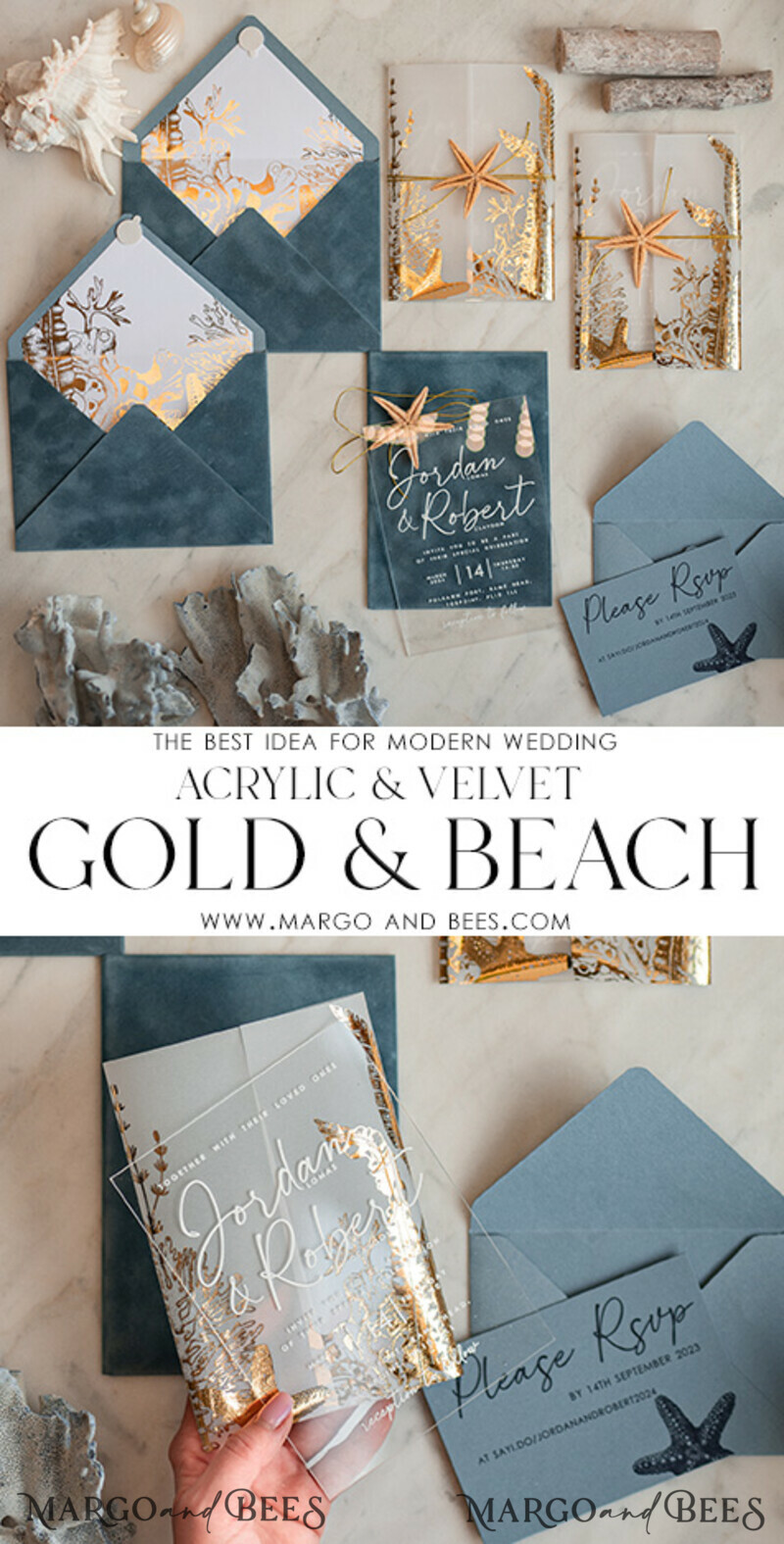 Beach Acrylic Wedding invitations Vellum Gold wrapping Wedding Invites with starfish Beach wedding Cards Velvet Envelope-3