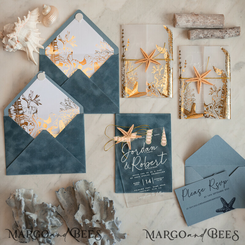 Beach Acrylic Wedding invitations Vellum Gold wrapping Wedding Invites with starfish Beach wedding Cards Velvet Envelope-5