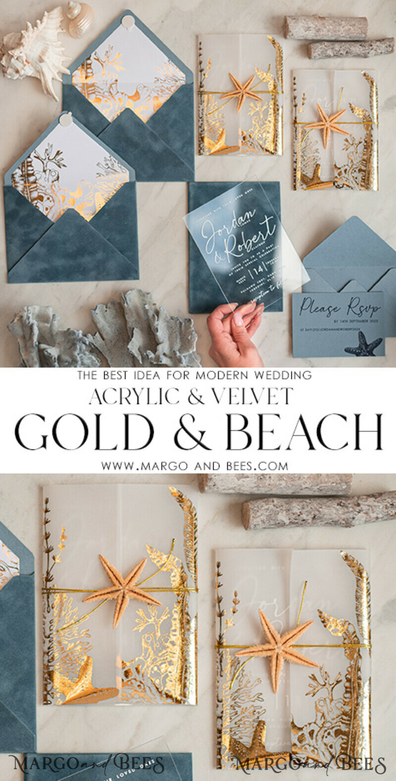 Beach Acrylic Wedding invitations Vellum Gold wrapping Wedding Invites with starfish Beach wedding Cards Velvet Envelope-7