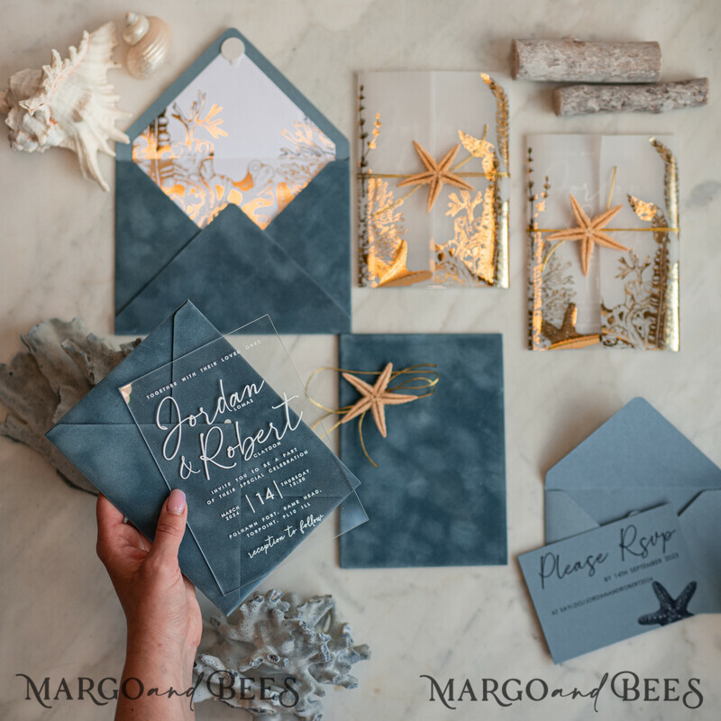 Beach Acrylic Wedding invitations Vellum Gold wrapping Wedding Invites with starfish Beach wedding Cards Velvet Envelope-8