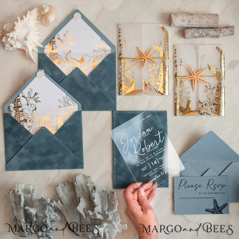 Beach Acrylic Wedding invitations Vellum Gold wrapping Wedding Invites with starfish Beach wedding Cards Velvet Envelope-0