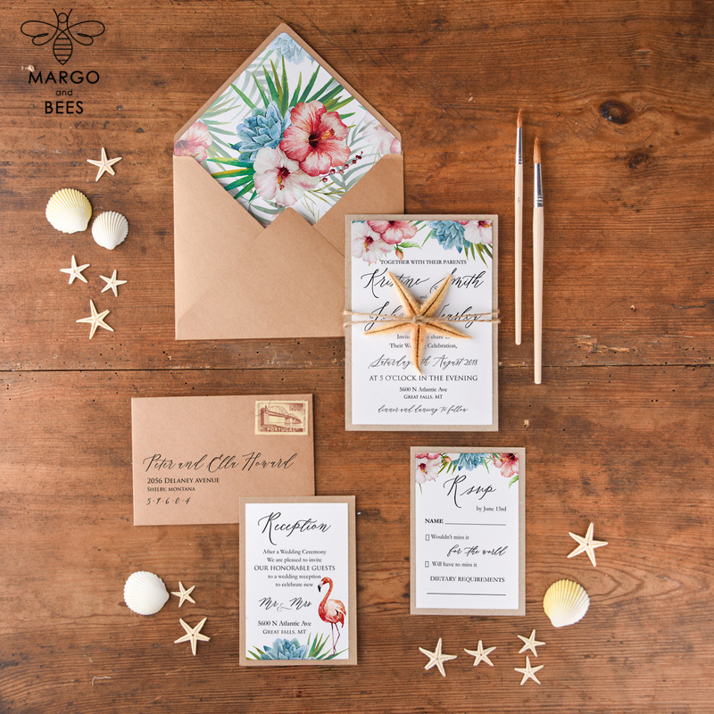 Tropical beach Wedding Invitations, Starfish Watercolor Seaside Wedding Invites, Hibiscus Flowers Wedding Cards -4