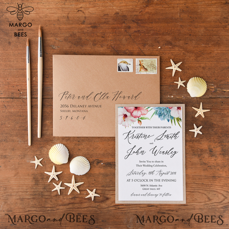 Tropical beach Wedding Invitations, Starfish Watercolor Seaside Wedding Invites, Hibiscus Flowers Wedding Cards -1
