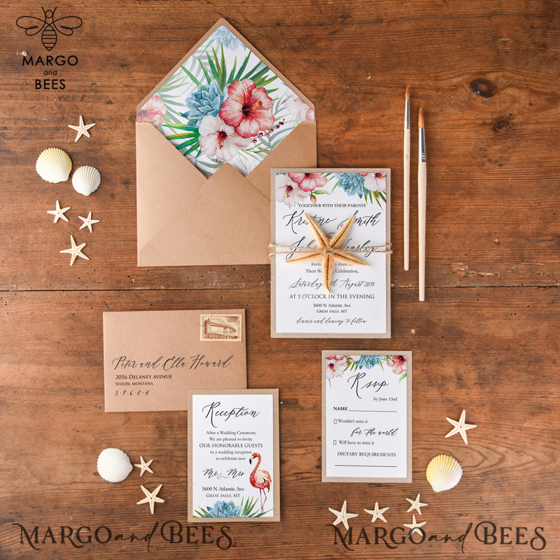 Tropical beach Wedding Invitations, Starfish Watercolor Seaside Wedding Invites, Hibiscus Flowers Wedding Cards -4