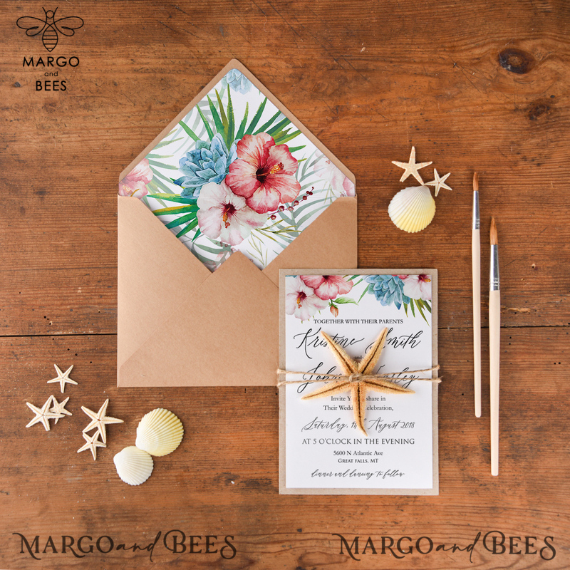 Tropical beach Wedding Invitations, Starfish Watercolor Seaside Wedding Invites, Hibiscus Flowers Wedding Cards -0