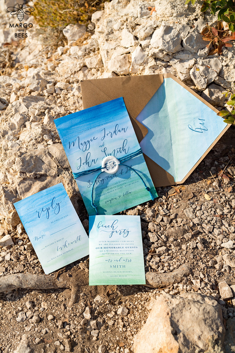 Watercolor beach Wedding Invitations, Minimalist Watercolor Seaside Wedding Invites, Greek Wedding Cards wih twine and wax seal-3