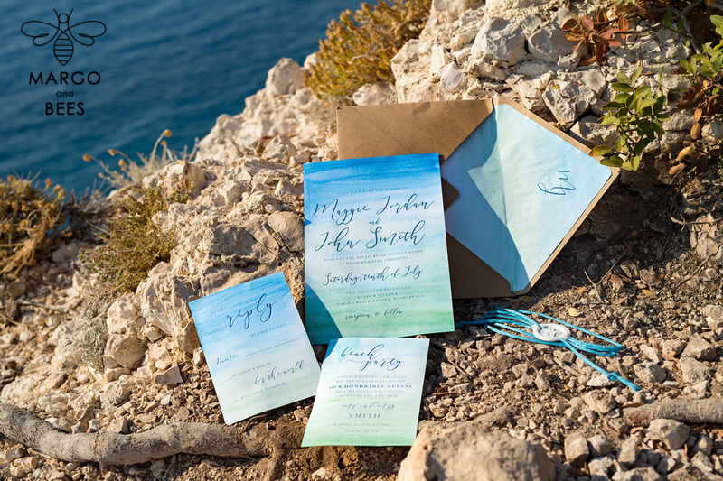 Watercolor beach Wedding Invitations, Minimalist Watercolor Seaside Wedding Invites, Greek Wedding Cards wih twine and wax seal-0