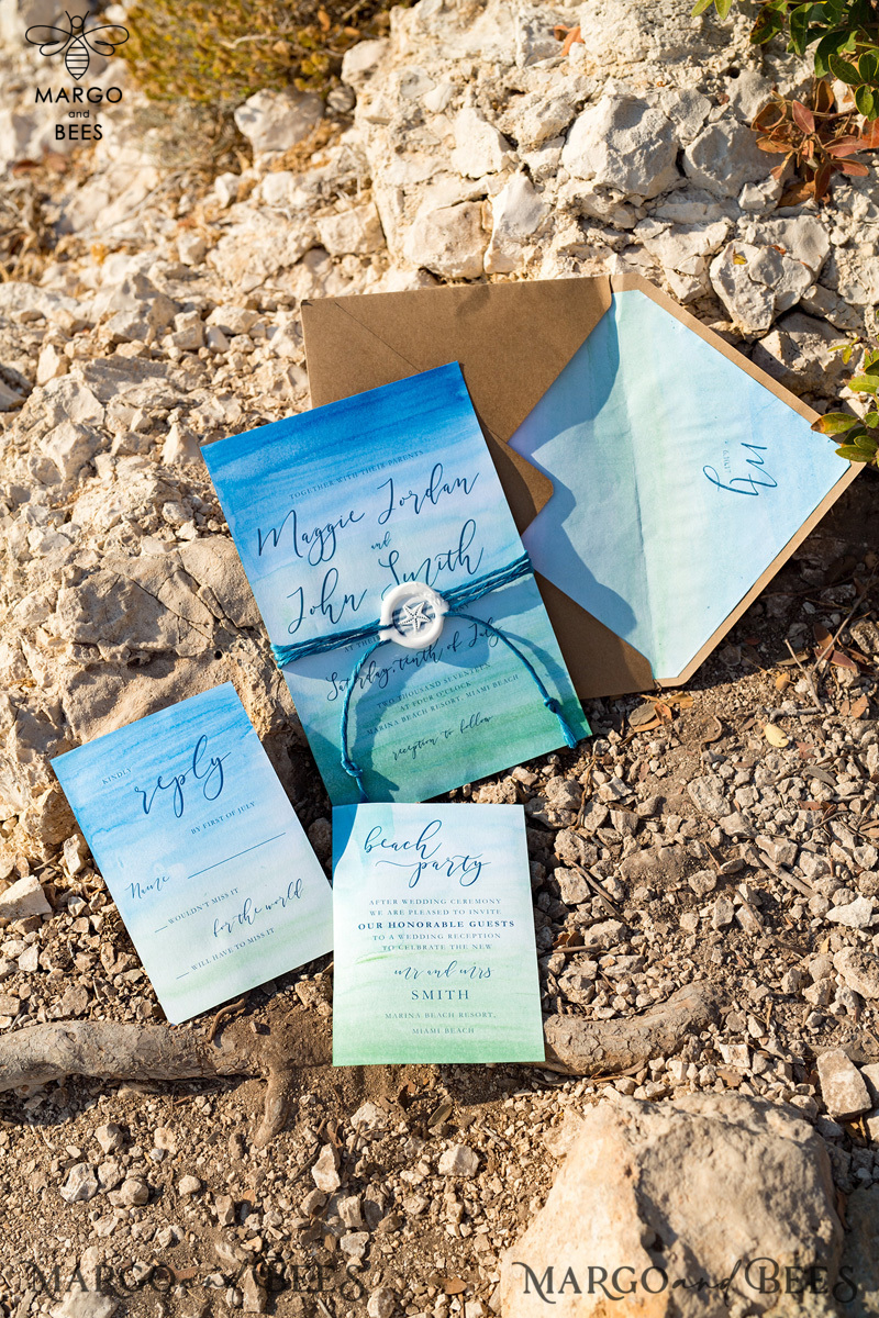 Watercolor beach Wedding Invitations, Minimalist Watercolor Seaside Wedding Invites, Greek Wedding Cards wih twine and wax seal-3