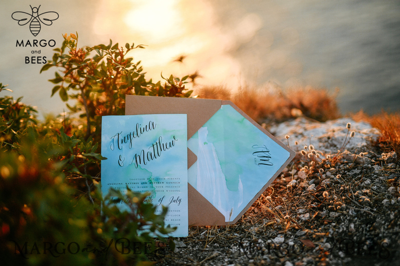 Watercolor beach Wedding Invitations, Minimalist Watercolor Seaside Wedding Invites, Italian Wedding Cards -0