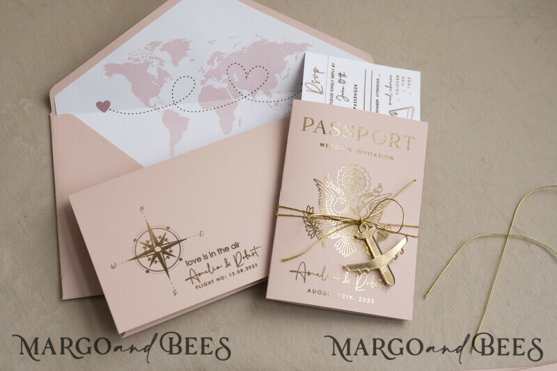 Gold Bluh pink Passport Wedding Invitation, Golden Wedding Cards Boarding Pass-6