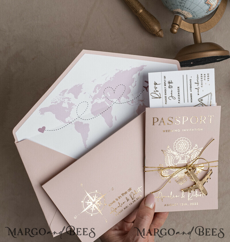 Gold Bluh pink Passport Wedding Invitation, Golden Wedding Cards Boarding Pass-0