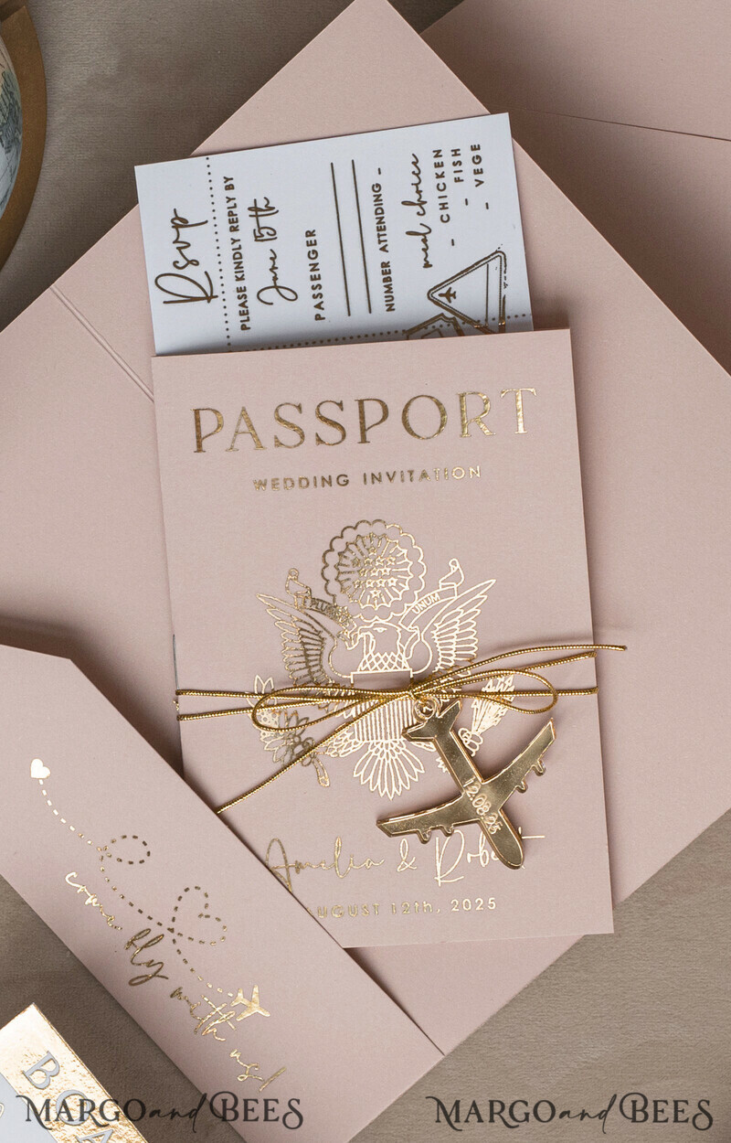 Gold Bluh pink Passport Wedding Invitation, Golden Wedding Cards Boarding Pass-2