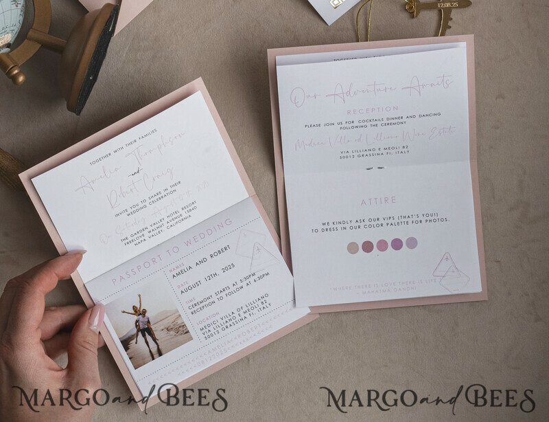 Gold Bluh pink Passport Wedding Invitation, Golden Wedding Cards Boarding Pass-3