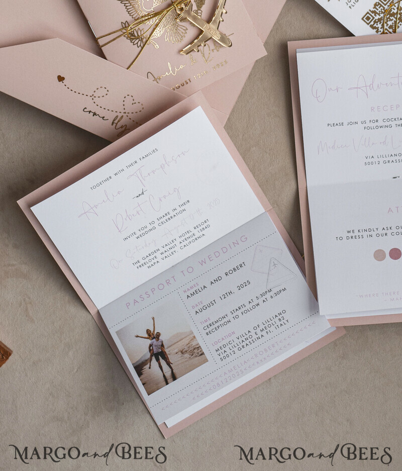 Gold Bluh pink Passport Wedding Invitation, Golden Wedding Cards Boarding Pass-4