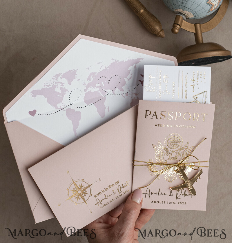 Gold Bluh pink Passport Wedding Invitation, Golden Wedding Cards Boarding Pass-7