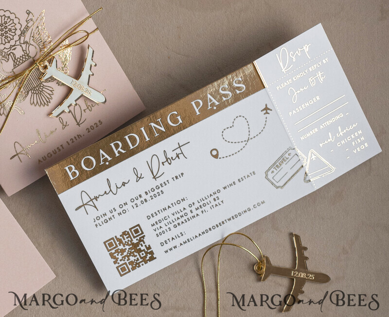 Gold Bluh pink Passport Wedding Invitation, Golden Wedding Cards Boarding Pass-5