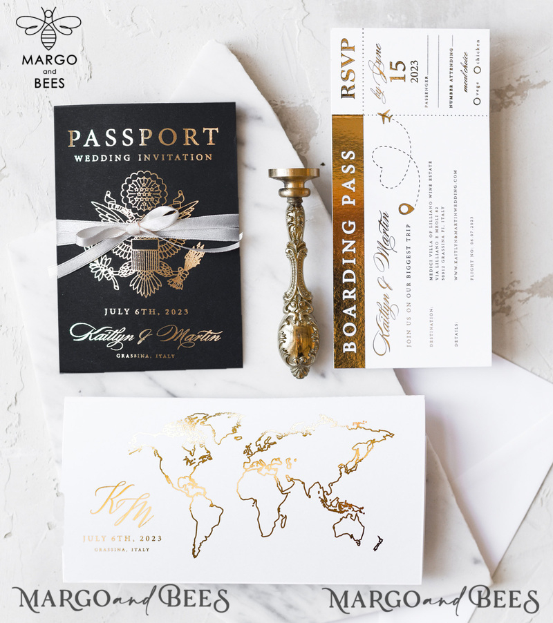Gold  Passport Wedding Invitation, Map Wedding Cards  Boarding Pass,  Black Passport Wedding Invitations  Abroad, Destination Wedding Invites, Travel Map Wedding Stationary-0