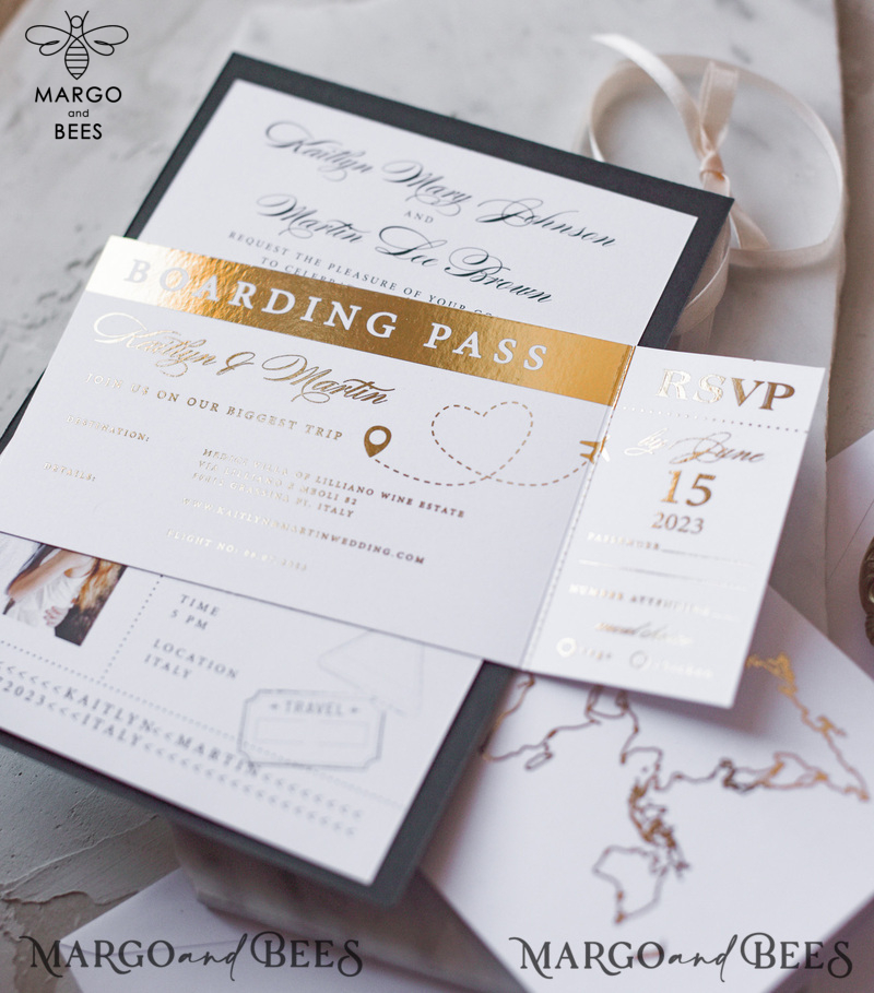 Gold  Passport Wedding Invitation, Map Wedding Cards  Boarding Pass,  Black Passport Wedding Invitations  Abroad, Destination Wedding Invites, Travel Map Wedding Stationary-10