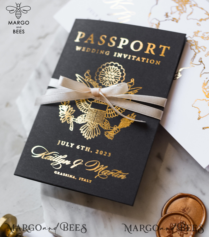Gold  Passport Wedding Invitation, Map Wedding Cards  Boarding Pass,  Black Passport Wedding Invitations  Abroad, Destination Wedding Invites, Travel Map Wedding Stationary-12