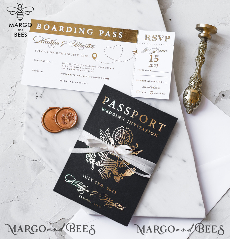 Gold  Passport Wedding Invitation, Map Wedding Cards  Boarding Pass,  Black Passport Wedding Invitations  Abroad, Destination Wedding Invites, Travel Map Wedding Stationary-6