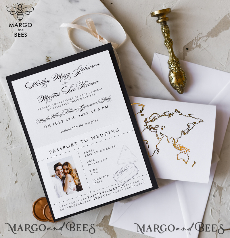 Gold  Passport Wedding Invitation, Map Wedding Cards  Boarding Pass,  Black Passport Wedding Invitations  Abroad, Destination Wedding Invites, Travel Map Wedding Stationary-8