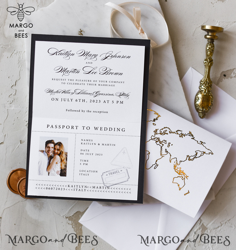 Gold  Passport Wedding Invitation, Map Wedding Cards  Boarding Pass,  Black Passport Wedding Invitations  Abroad, Destination Wedding Invites, Travel Map Wedding Stationary-2