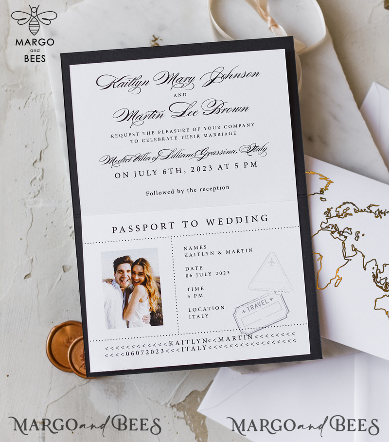 Gold  Passport Wedding Invitation, Map Wedding Cards  Boarding Pass,  Black Passport Wedding Invitations  Abroad, Destination Wedding Invites, Travel Map Wedding Stationary-9