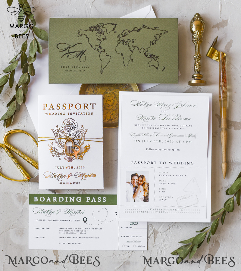 White Gold Passport Wedding Invitation, Golden Plane Wedding Cards  Boarding Pass,  Olive green Travel Passport Wedding Invitations  Abroad, Destination Wedding Invites-3
