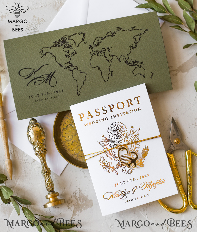 White Gold Passport Wedding Invitation, Golden Plane Wedding Cards  Boarding Pass,  Olive green Travel Passport Wedding Invitations  Abroad, Destination Wedding Invites-2