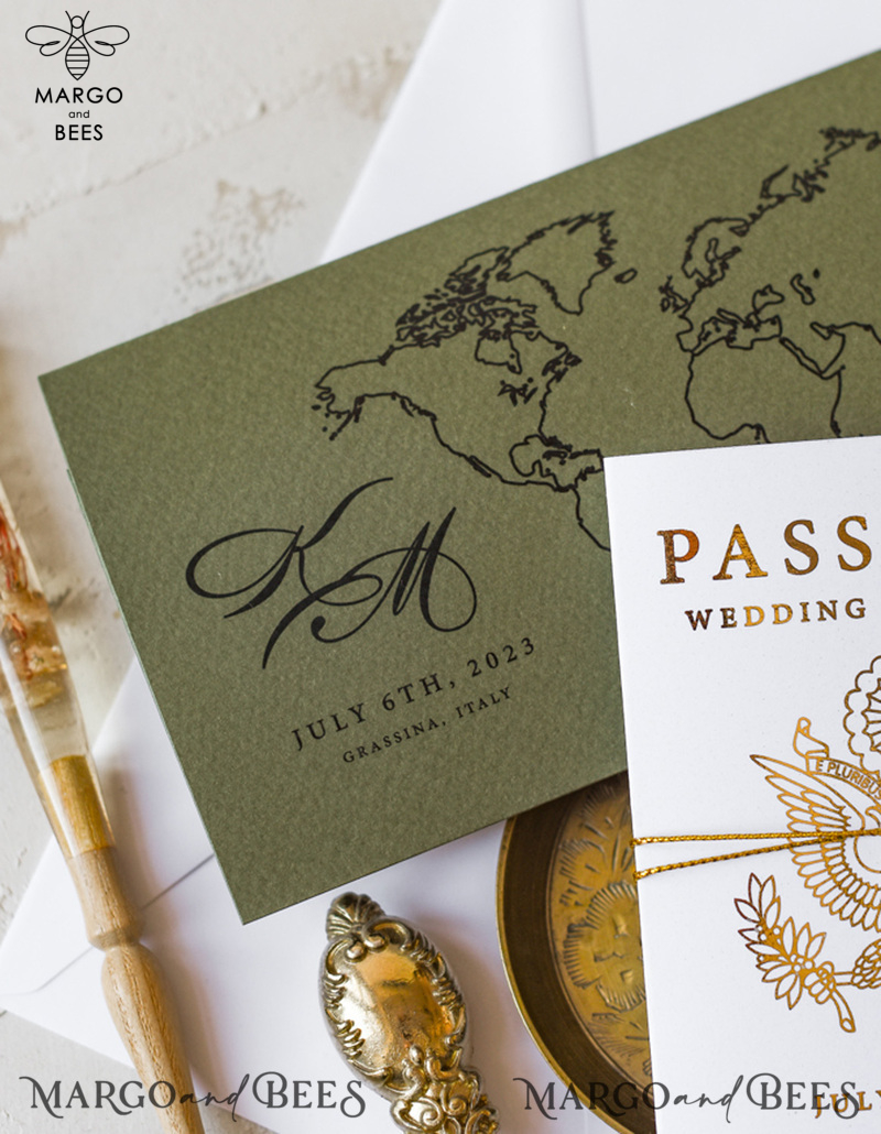 White Gold Passport Wedding Invitation, Golden Plane Wedding Cards  Boarding Pass,  Olive green Travel Passport Wedding Invitations  Abroad, Destination Wedding Invites-12
