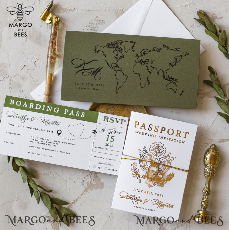 White Gold Passport Wedding Invitation, Golden Plane Wedding Cards  Boarding Pass,  Olive green Travel Passport Wedding Invitations  Abroad, Destination Wedding Invites-5